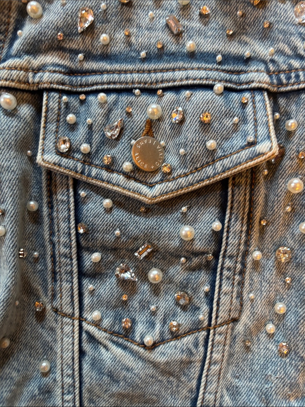 Alice + Olivia Light Blue Pearl-Embellished Denim Jacket - Picture 5 of 16
